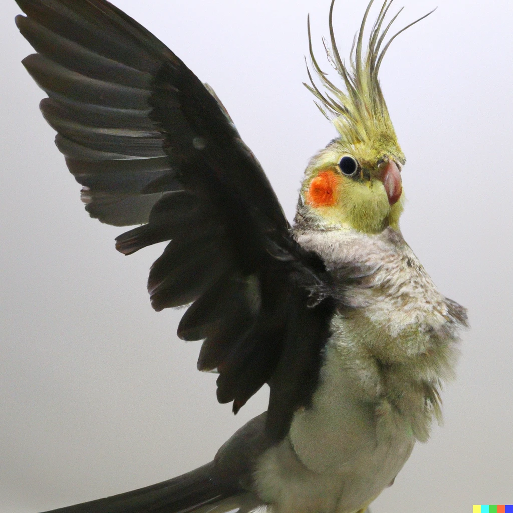Prompt: A cockatiel with Dio Brando's hairdo and outfit is spreading its wings and trying to stop time