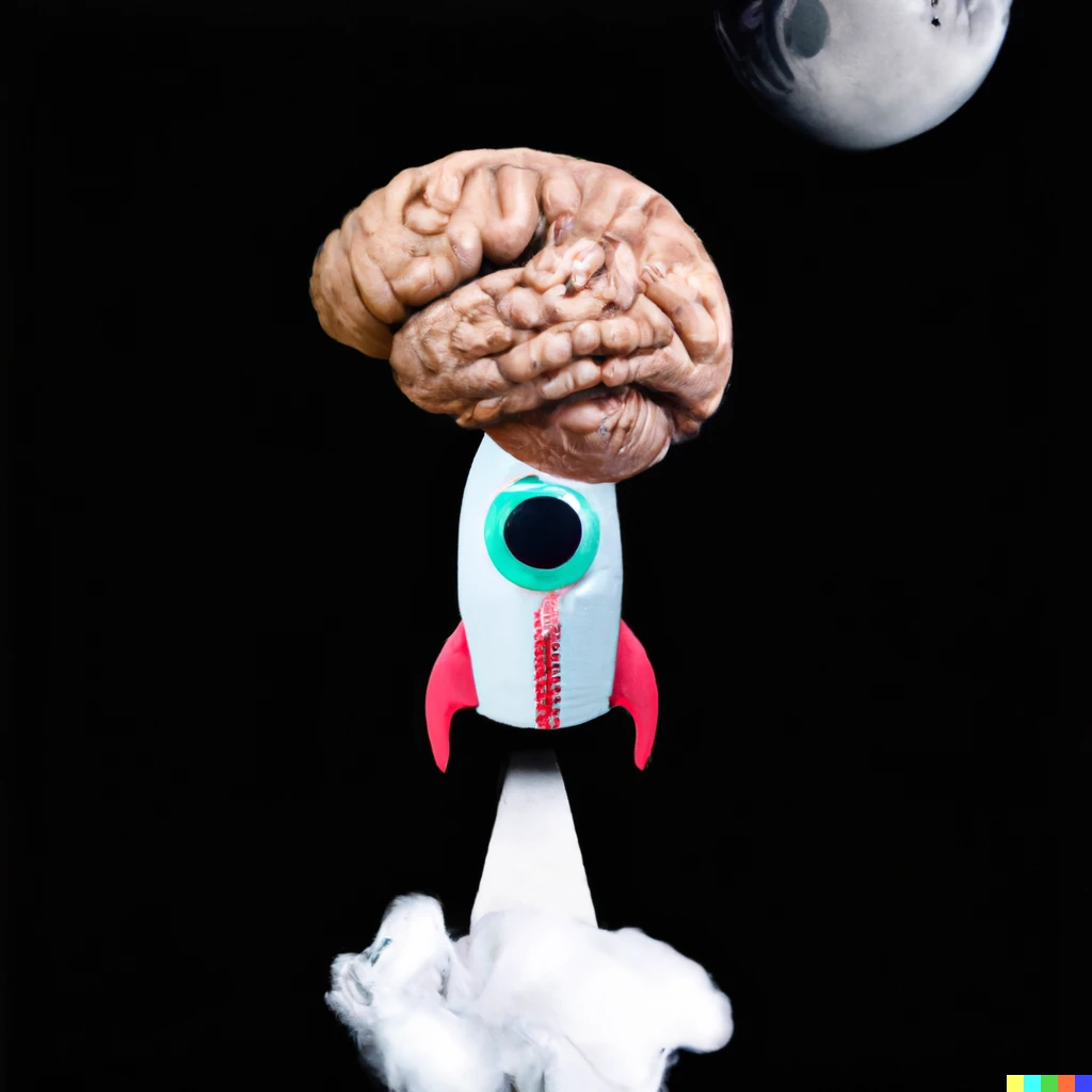 Prompt: A brain riding a rocketship heading towards the moon. Photograph