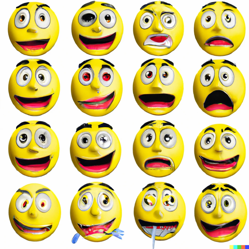 Prompt: "A set of yellow emojis ranging many different extremely exaggerated emotions, white background, 3d art, photorealistic"