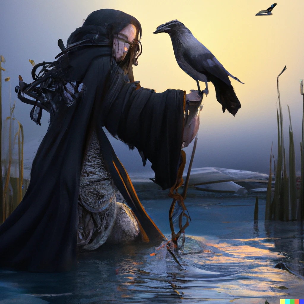 Prompt: A female crow wearing druid dress, is being roped by tentacles appearing from a pond, digital art