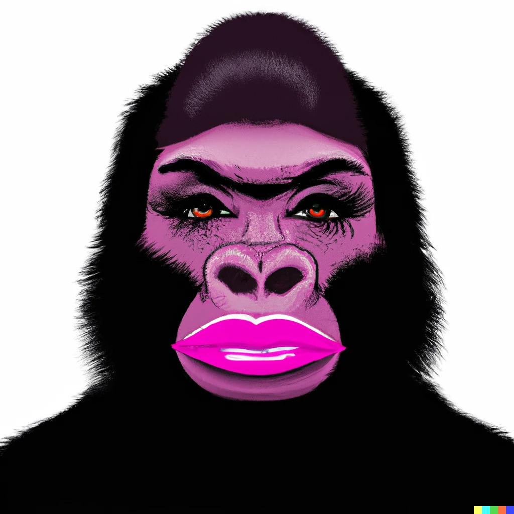 Prompt: SVG Illustration of a feminine gorilla with long pink varnished nails, long eyelashes with glistening eyes, perfected painted black eyebrows, bright pink lips and a sassy expression