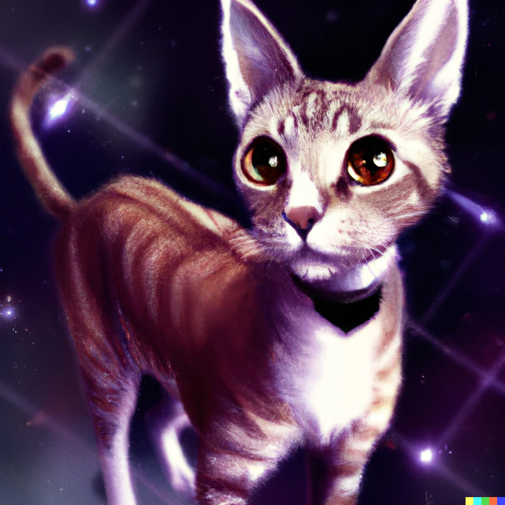 Prompt: curious cyberpunk skinny brown tabby cat with white chest in space, stars, cyberpunk digital painting
