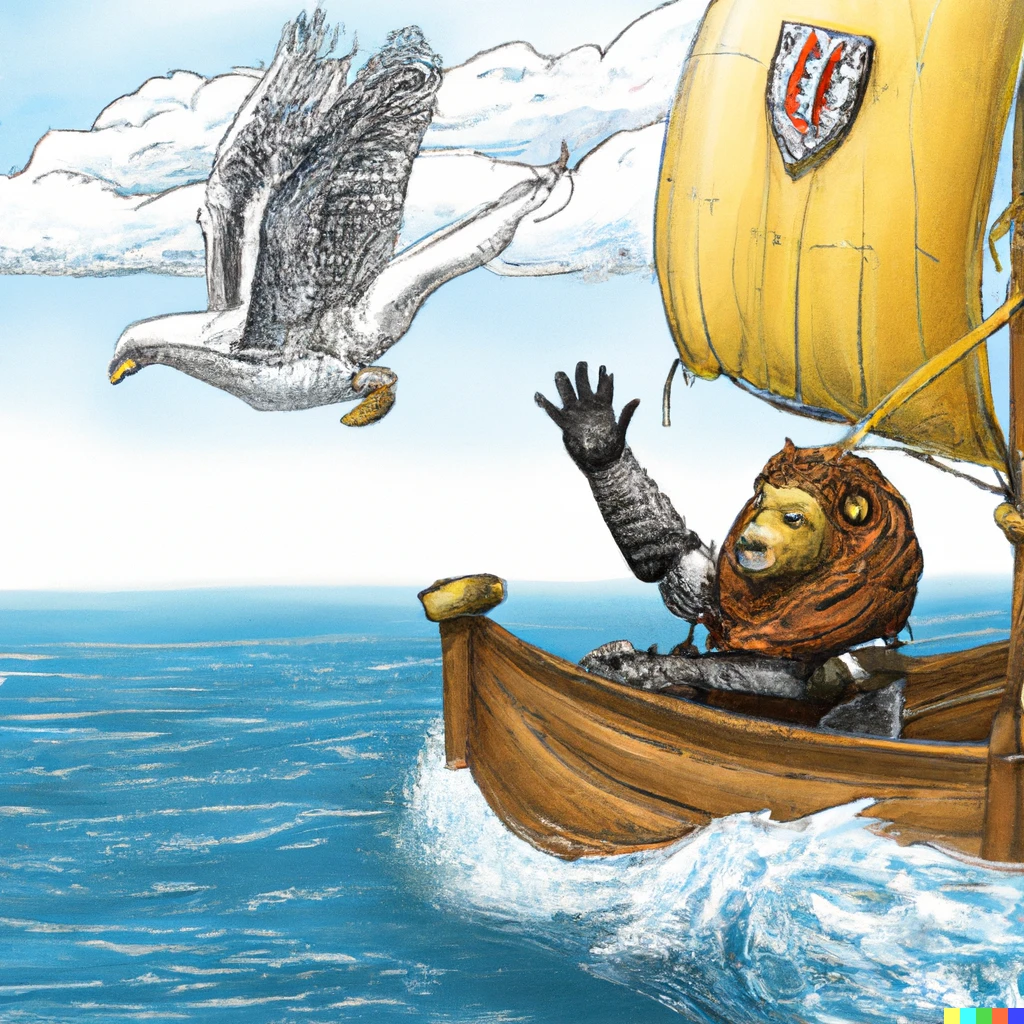 Prompt: "A lion wearing paladin armour wave goodbye to a seagull flying far in the sky while sailing in a ship, realistic, detailed" 