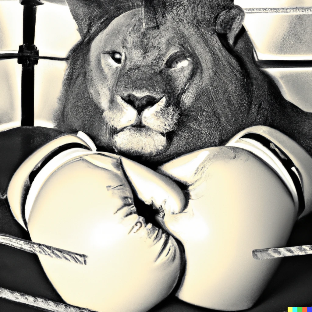 Prompt: A lion with boxing gloves on in a box ring, photograph