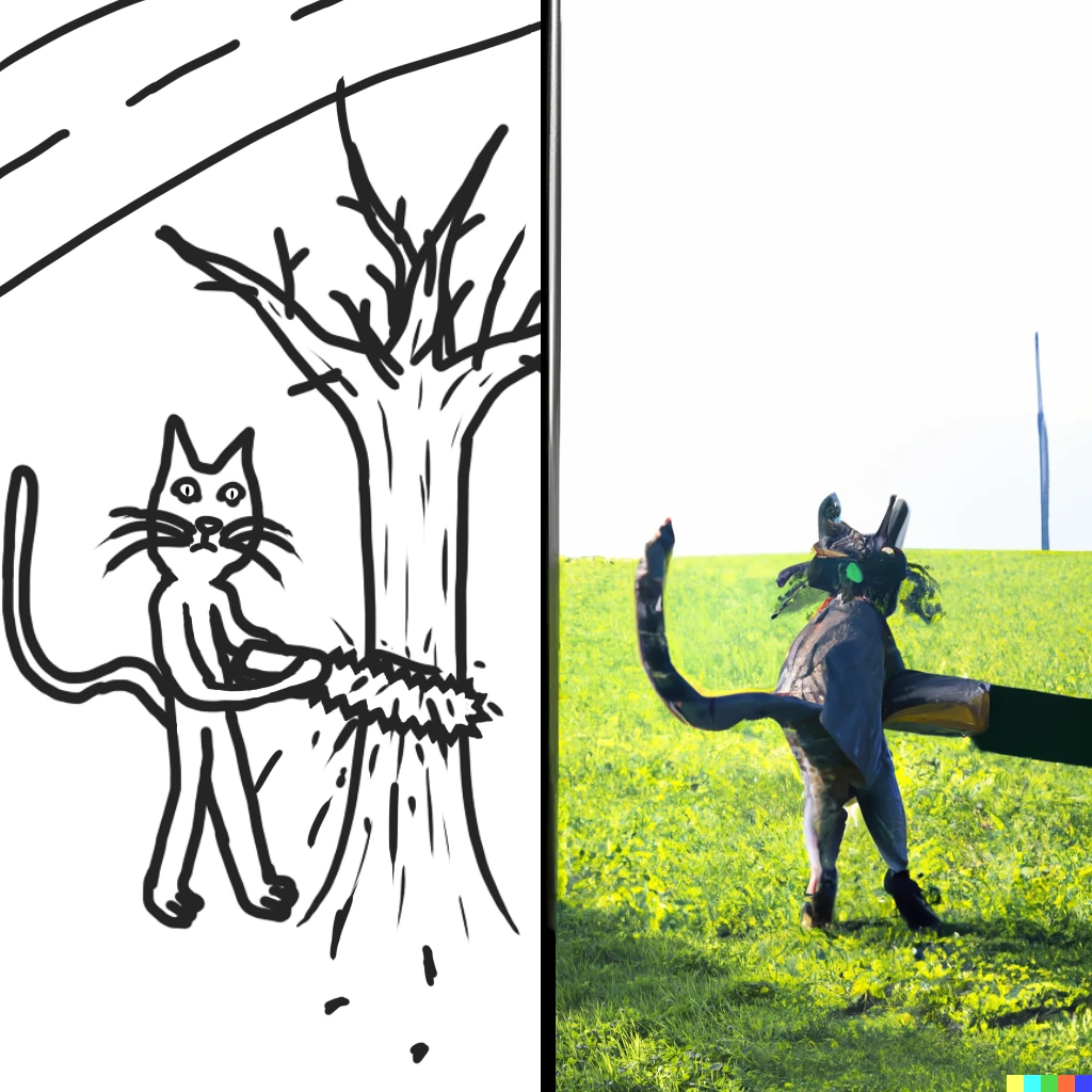 Prompt: a photorealistic render on the right of the exact same cat sawing a tree near the road on the left 