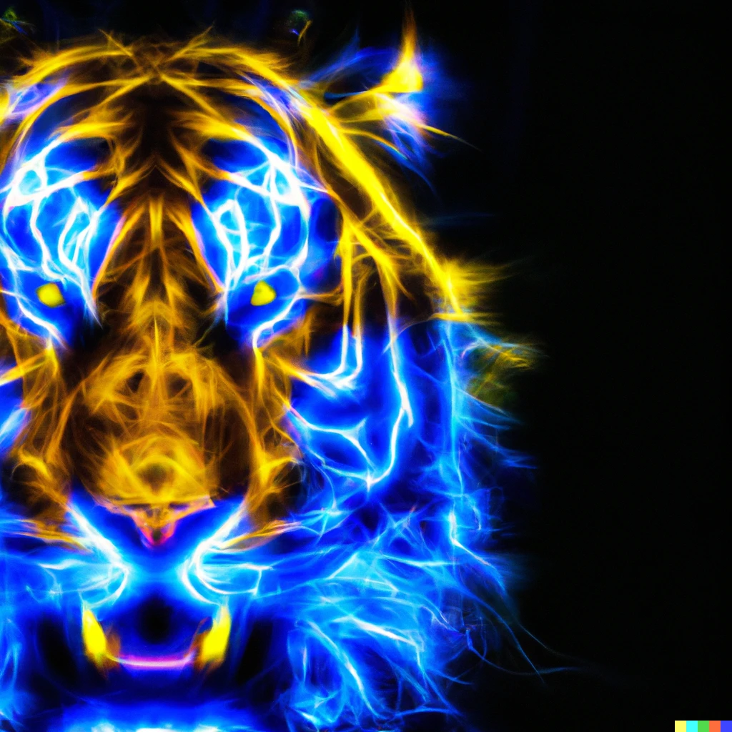 Prompt: a tiger portrait with fur made of yellow and blue electricity, dark background, neon colors