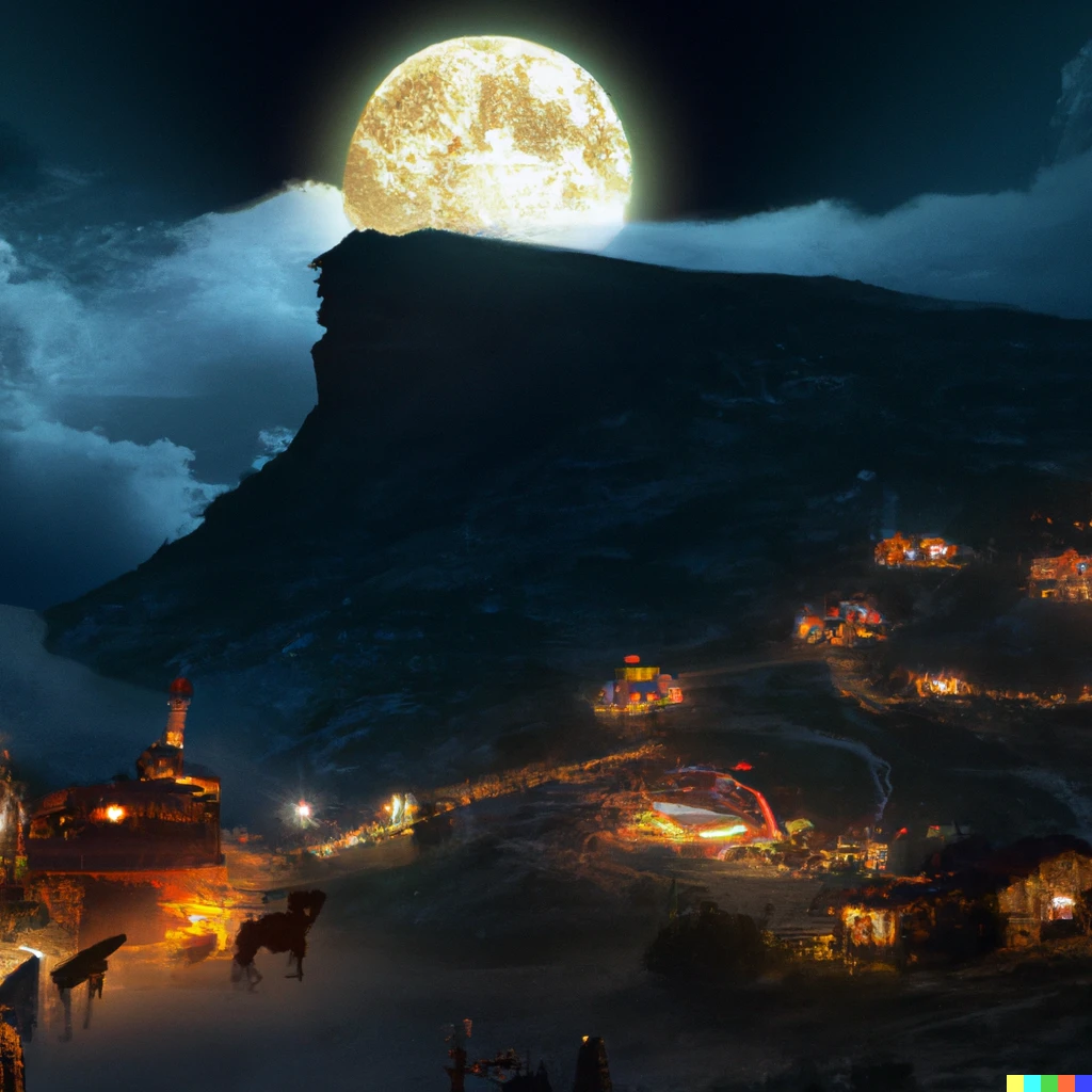 Prompt: Western cowboy town on the top of a super tall mountain at night,and the moon is replaced with Jupiter