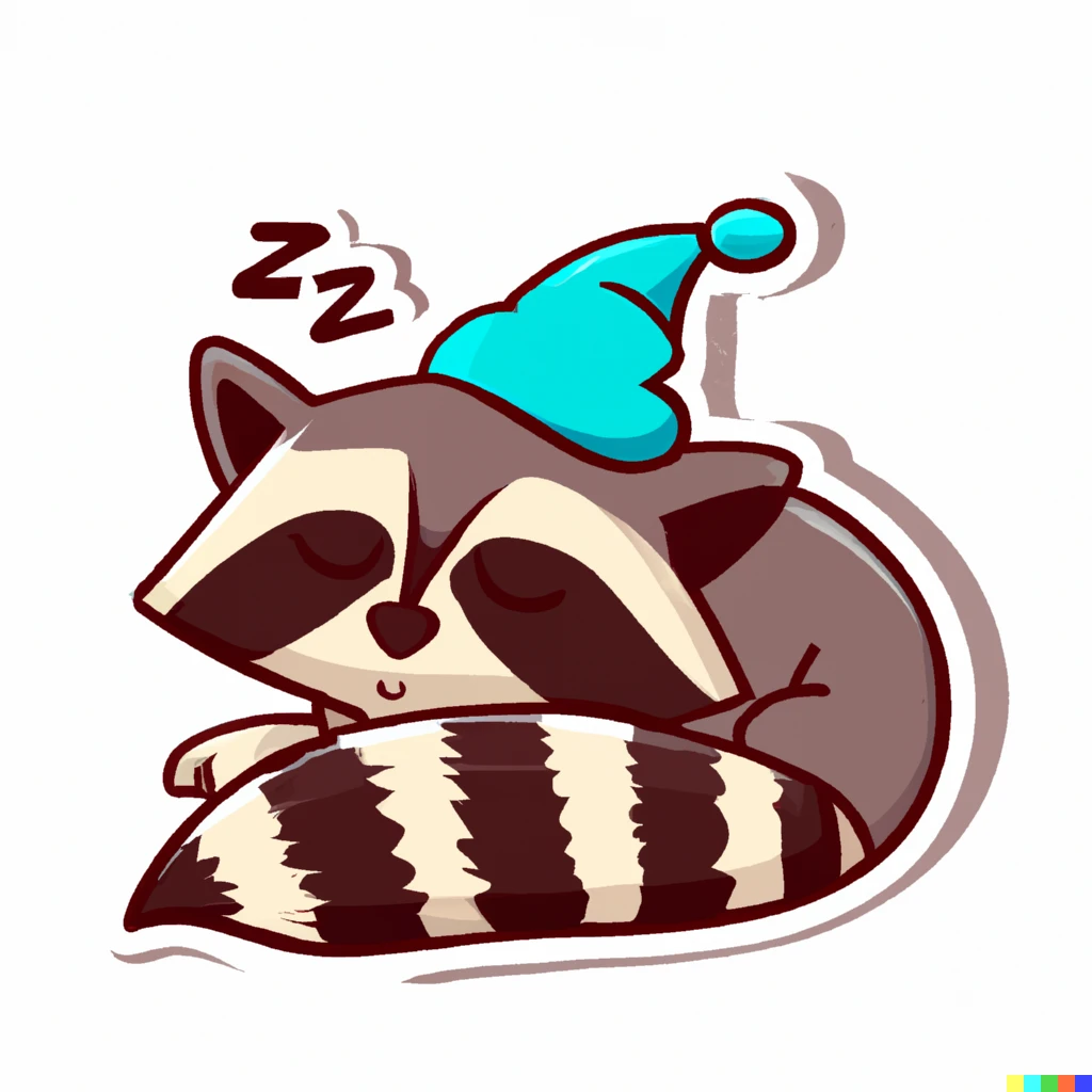 Prompt: Raccoon asleep wearing a nightcap sticker illustration