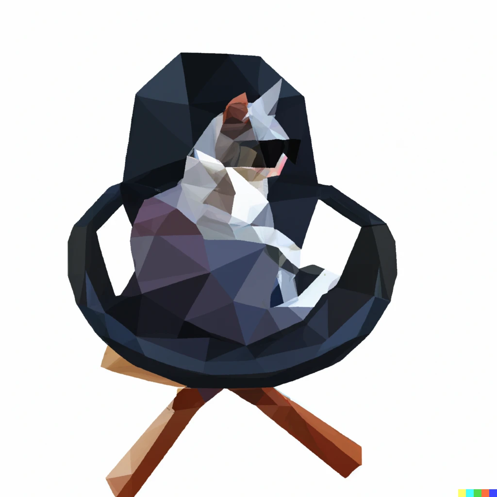 Prompt: A cat sitting in a chair, wearing a pair of sunglasses, low poly art