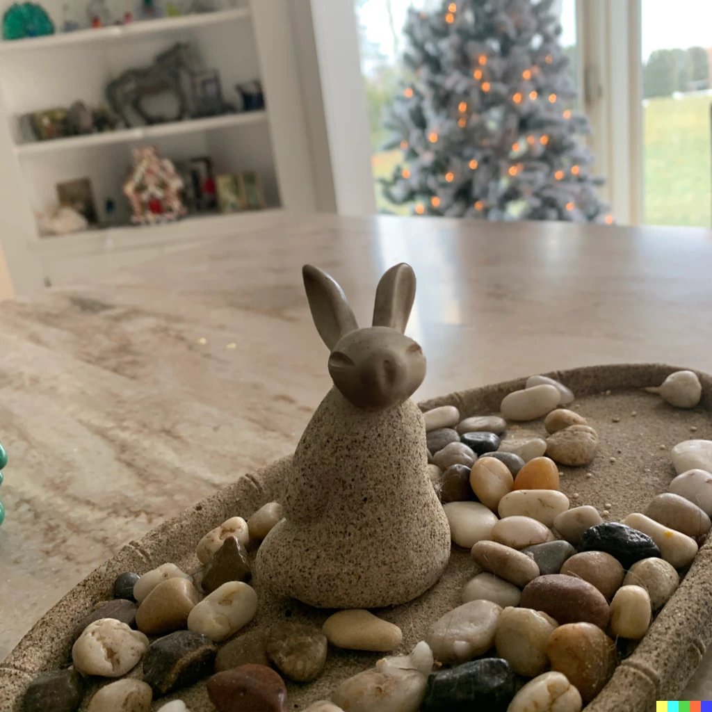 Prompt: A rabbit stone figurine on top of a table, photograph taken on iPhone XR