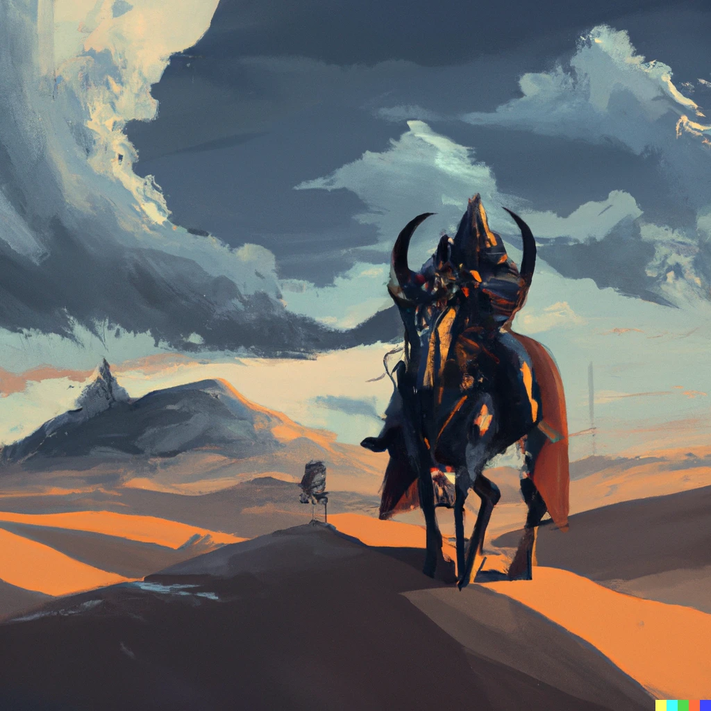 Prompt: evil paladin riding horse across desert, digital art