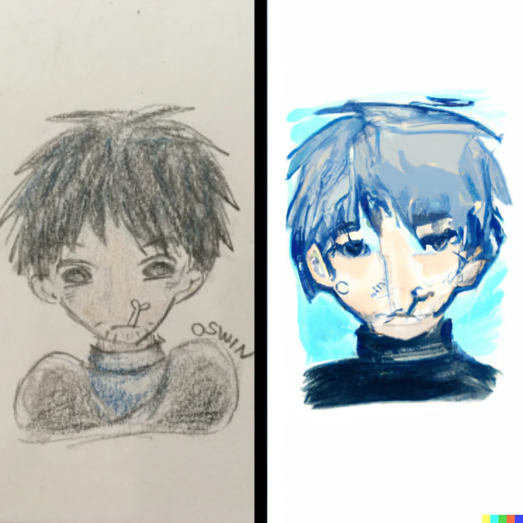 Prompt: digital art on the right that mirrors the sketch on the left