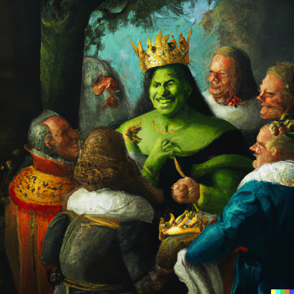 Prompt: classical artwork of the coronation of Shrek as a King, oil painting