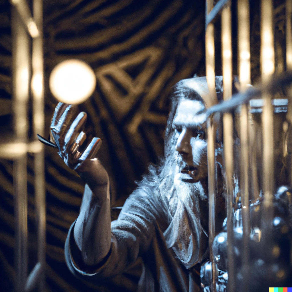 Prompt: man with long blond hair playing with crystal balls in a labyrinth, digital art