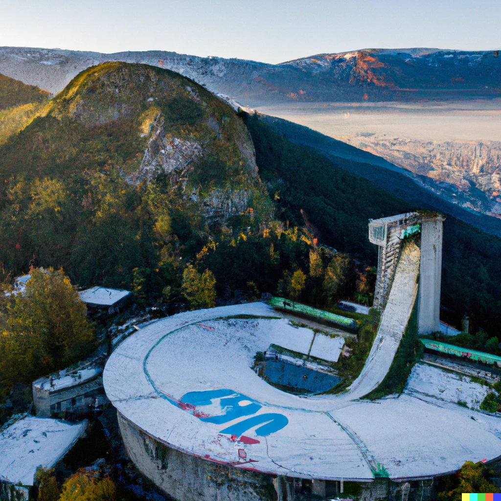 Prompt: Vucko above the abandoned Sarajevo 1984 Winter Olympics venues