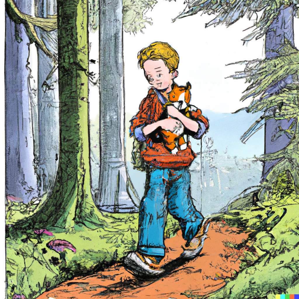 Prompt: A grown up Calvin carrying stuffed animal Hobbes through the woods, illustrated by Bill Watterson