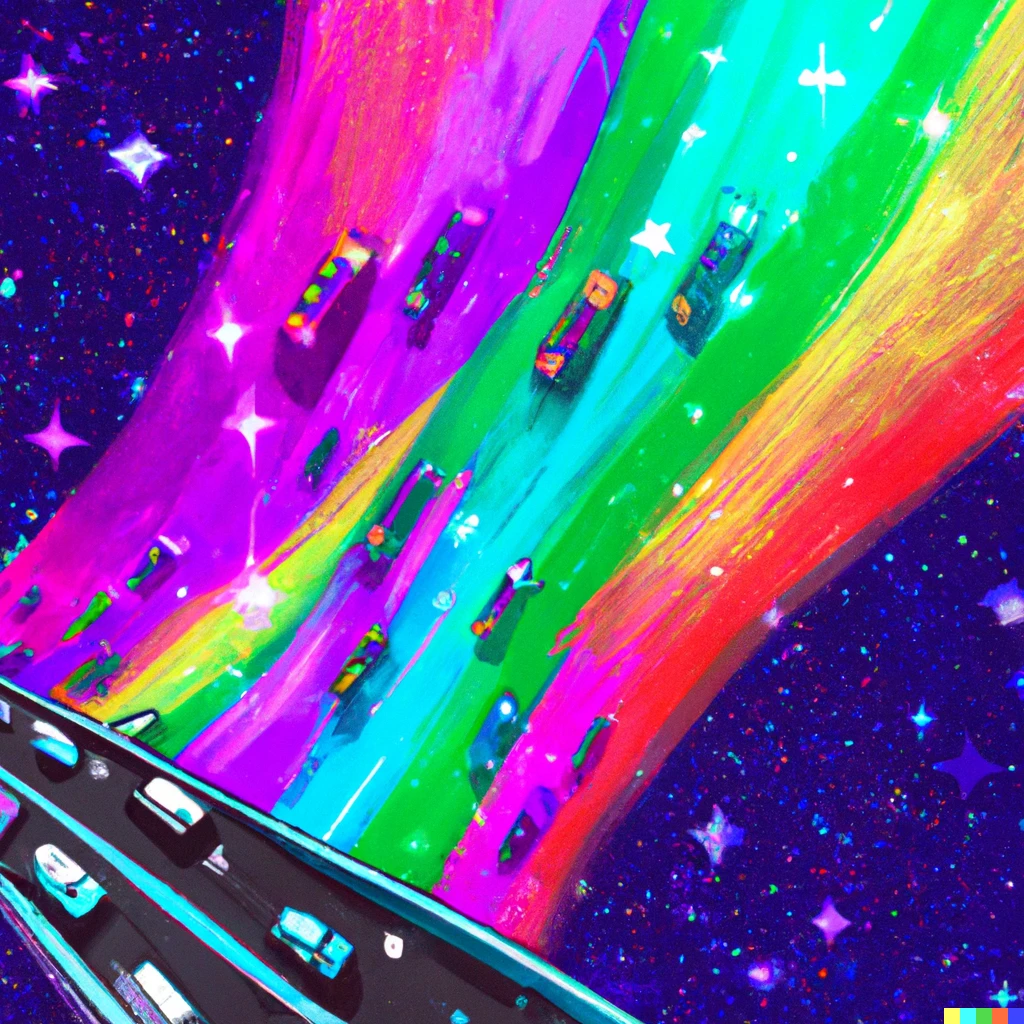Prompt: A rainbow road suspended in space, sparkly, cars are on the road, digital art