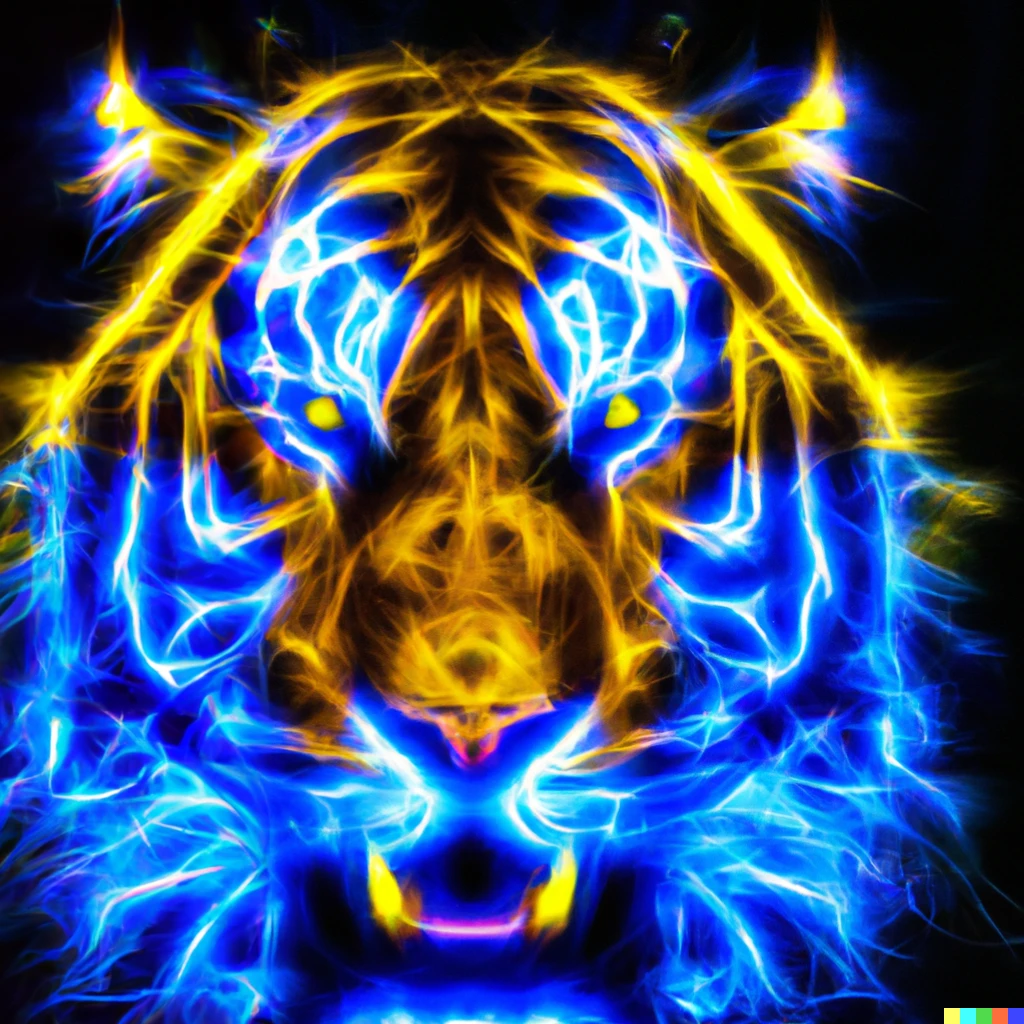 Prompt: a tiger portrait with fur made of yellow and blue electricity, dark background, neon colors