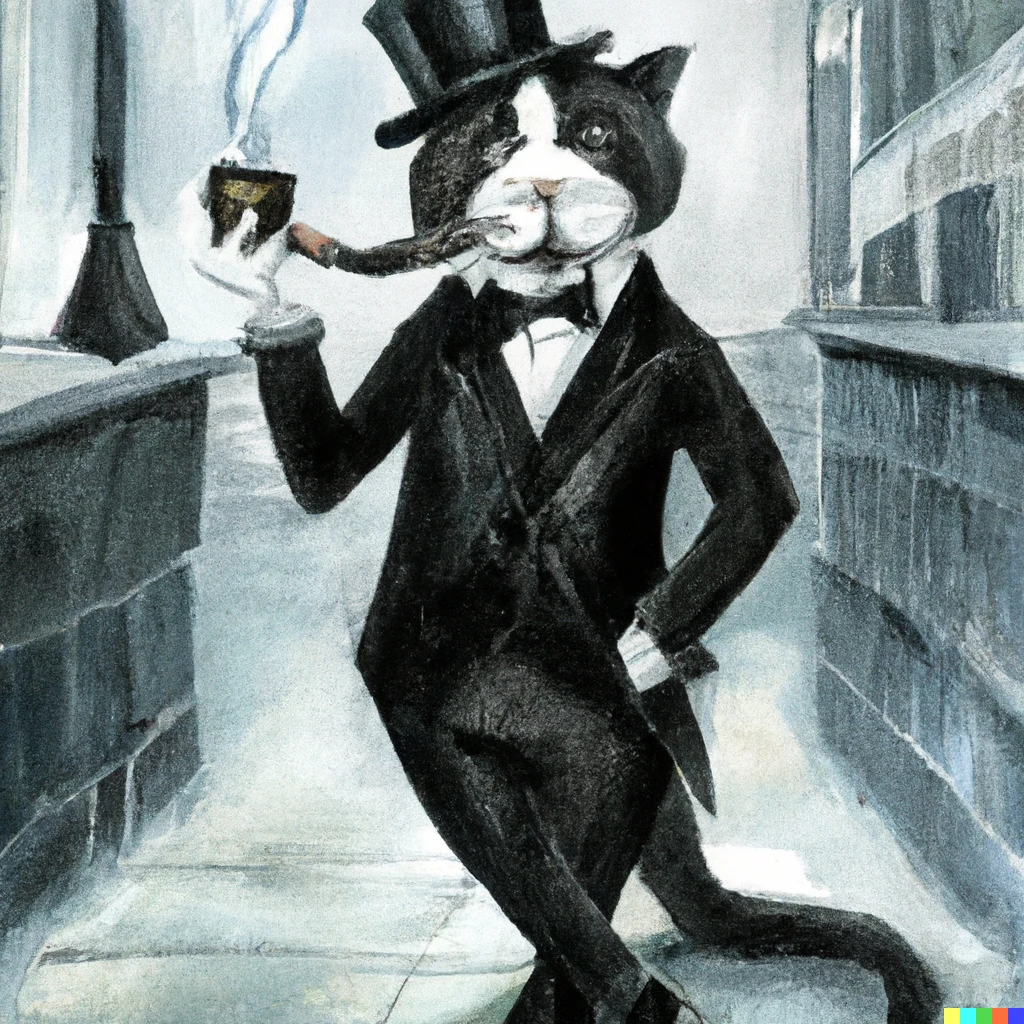 Prompt: A cat wearing a tuxedo and a top hat smoking a large black tobacco pipe in the 1930s outside of a New York street, grayscale, watercolor art, award winning
