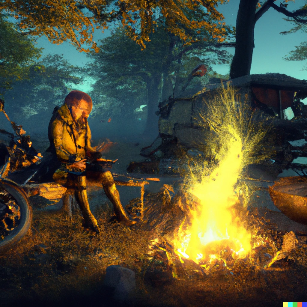 Prompt: "Kino no Tabi in her yellow trenchcoat by her motorbike by a campfire in the forest in the style of a Final Fantasy cinematic trailer, Unreal Engine 5, Jakub Rozalski"