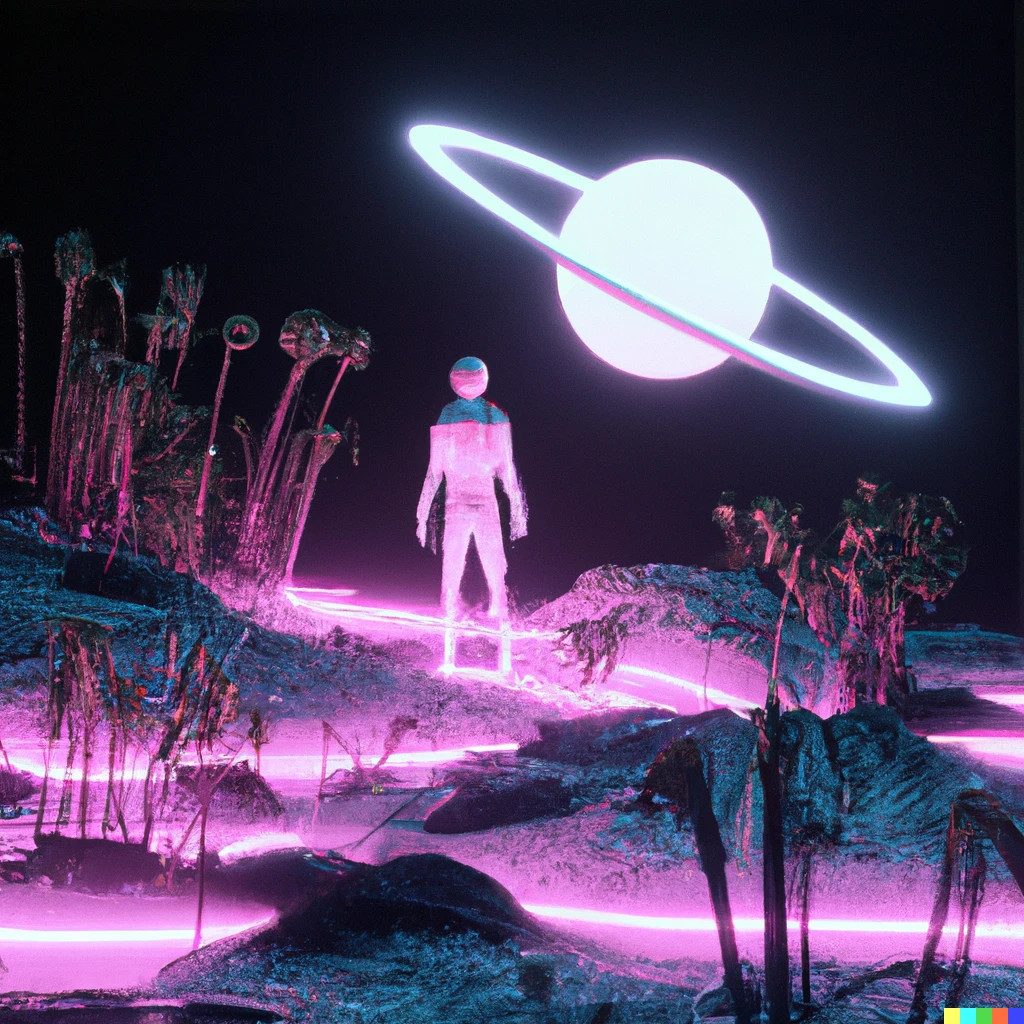Prompt: A man made of neon lights on saturn's moon, with alien vegetation in the background, digital art 