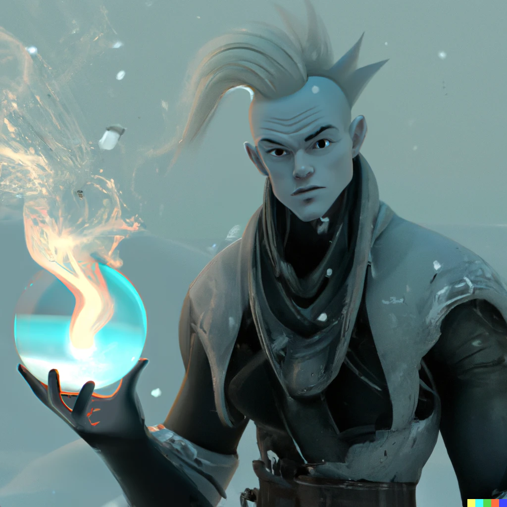 Prompt: confused mohawk pale sorcerer in snow, holding glass orb, digital art