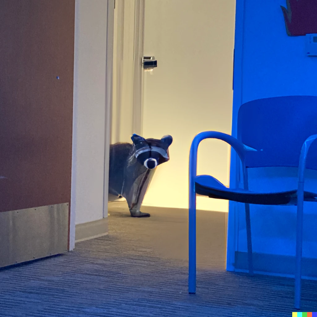 Prompt: raccoon peeking into room from hallway, photograph