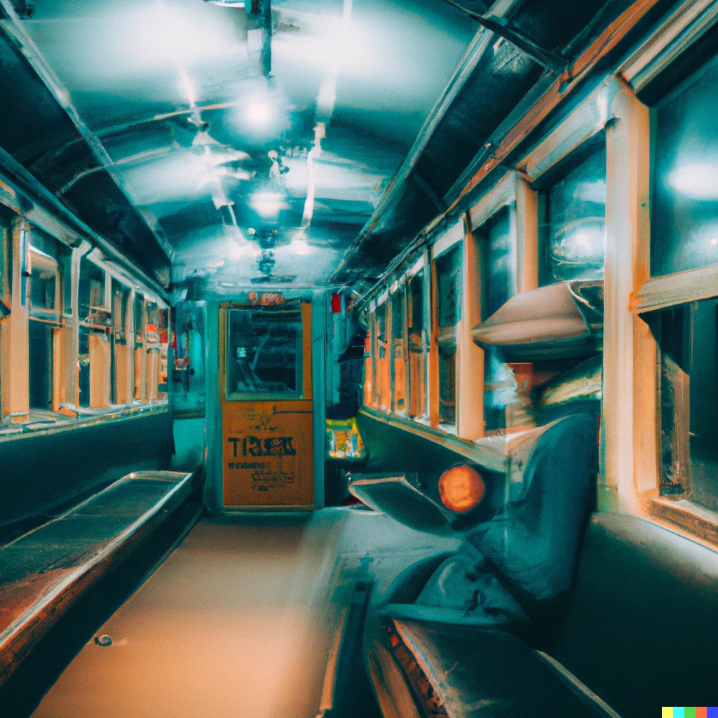 Prompt: LOOKING FOR A HIDDEN OBJECT IN A TRAIN CAR, IN A PARALLEL UNIVERSE, IN THE PAST.