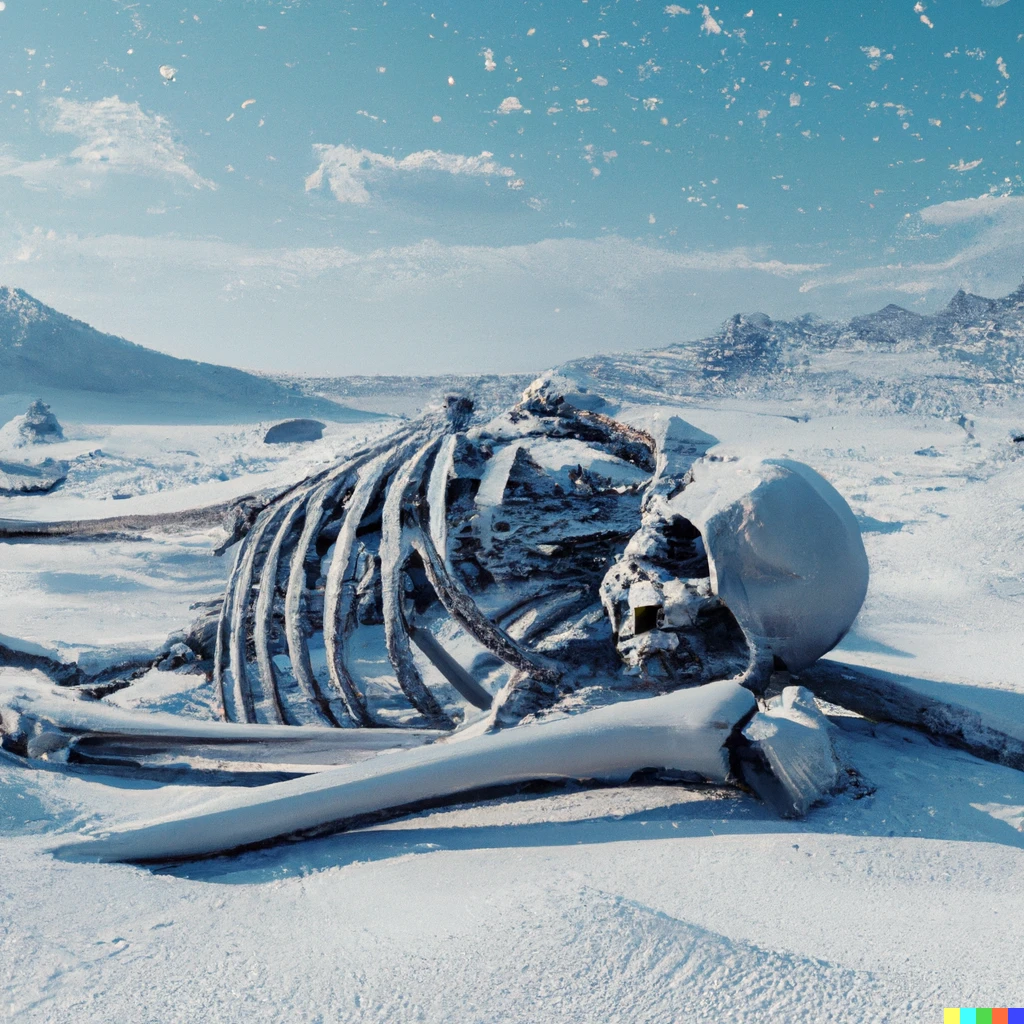 Prompt: The skeleton of a titan monster laying in the snow, digital art