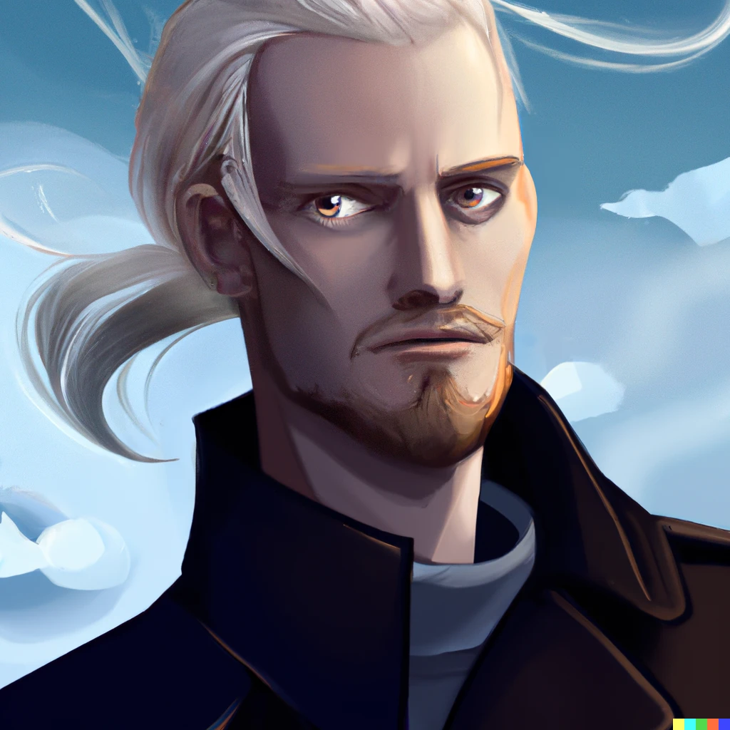Prompt: Nordic male Mage with blond ponytail, wearing large coat with pockets on shoulders, sky, digital art