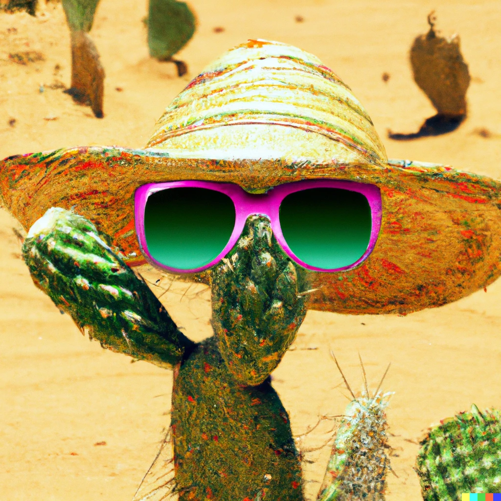 Prompt: cactus wearing straw hat and colorful sunglasses in the desert, colorful, expressive, photograph