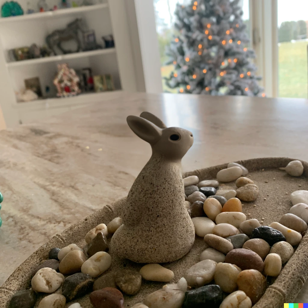 Prompt: A rabbit stone figurine on top of a table, photograph taken on iPhone XR