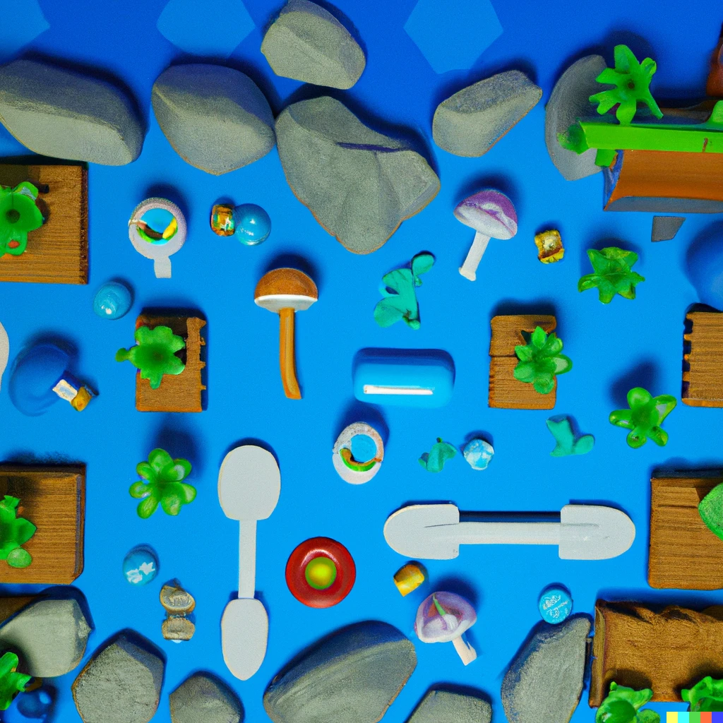 Prompt: Knolling of blue 3D underground mario world with piranha plants and blue rocky walls, goombas, hidden gold keys, and question blocks. Photograph.