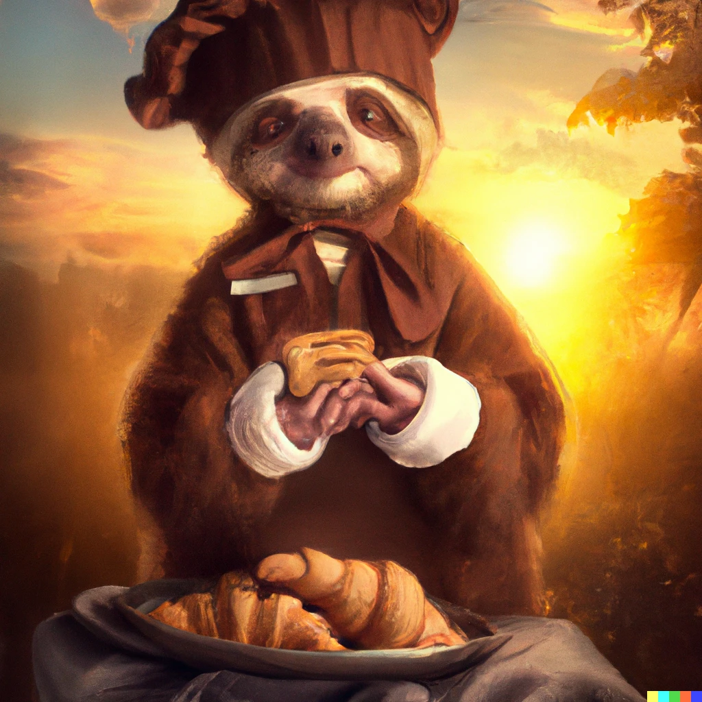 Prompt: A sloth, dressed like a baker, eating croissants at sunrise, photograph