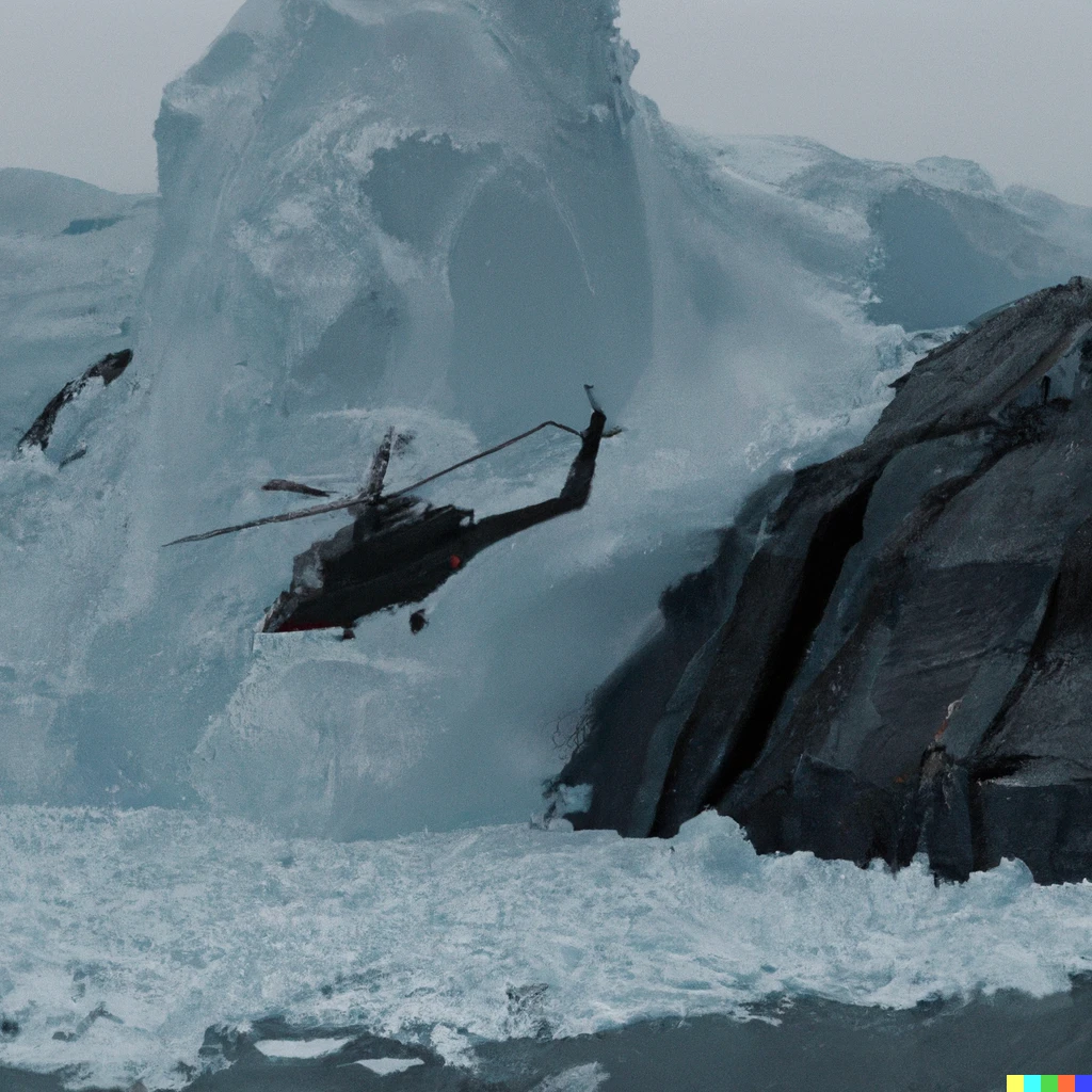 Prompt: Apache military helicopter on fire, crashing into huge iceberg, 8K 4K photorealistic