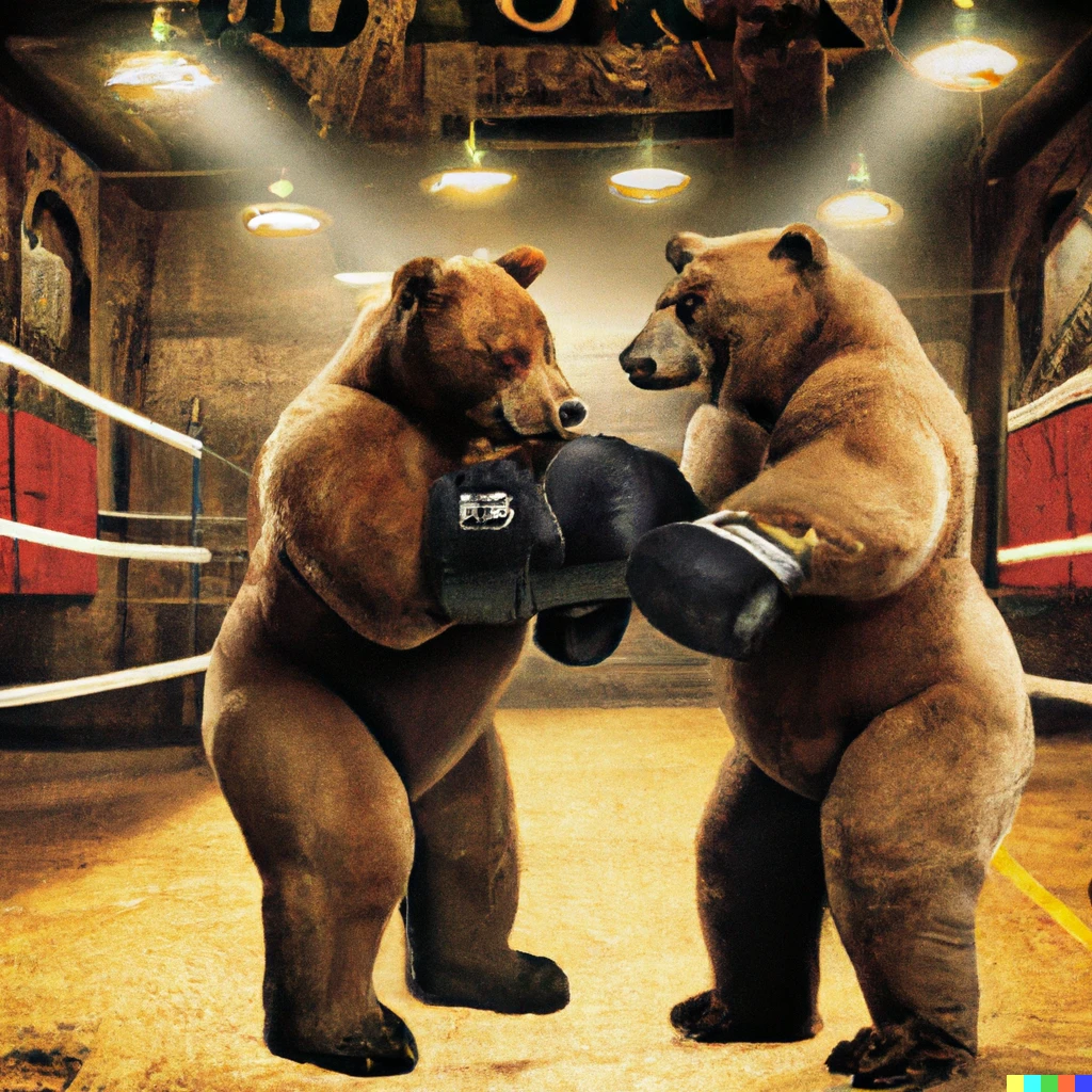 Prompt: Two big bears boxing inside a boxing gym, photograph