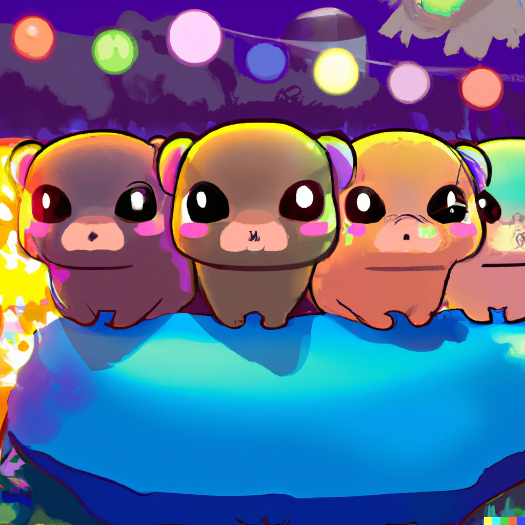 Prompt: "Chibi and kawaii but sad capybaras in an outdoor rave party. Digital art. Trending on Pixiv." 