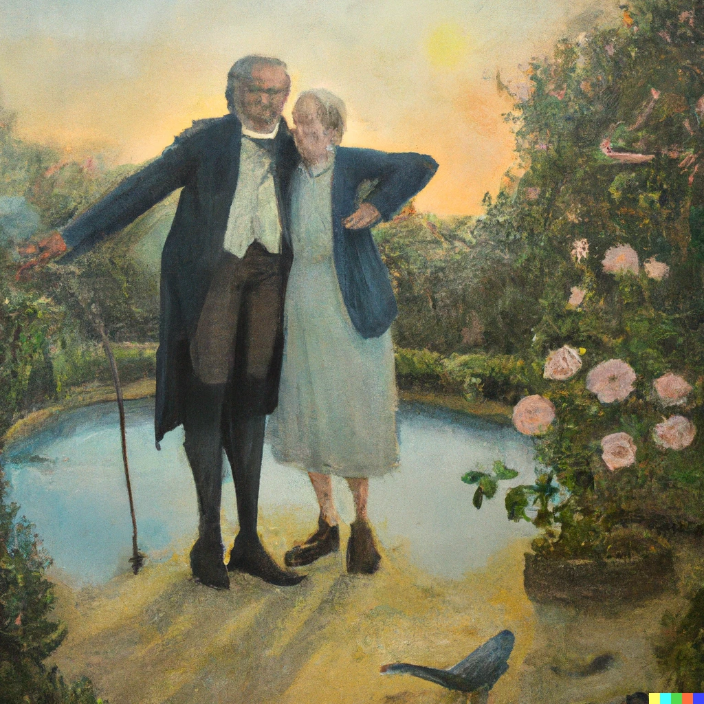 Prompt: “"A short 60 year old woman and a tall 60 year old man together, happy, garden, birds, flowers, oil painting, by William Turner"”