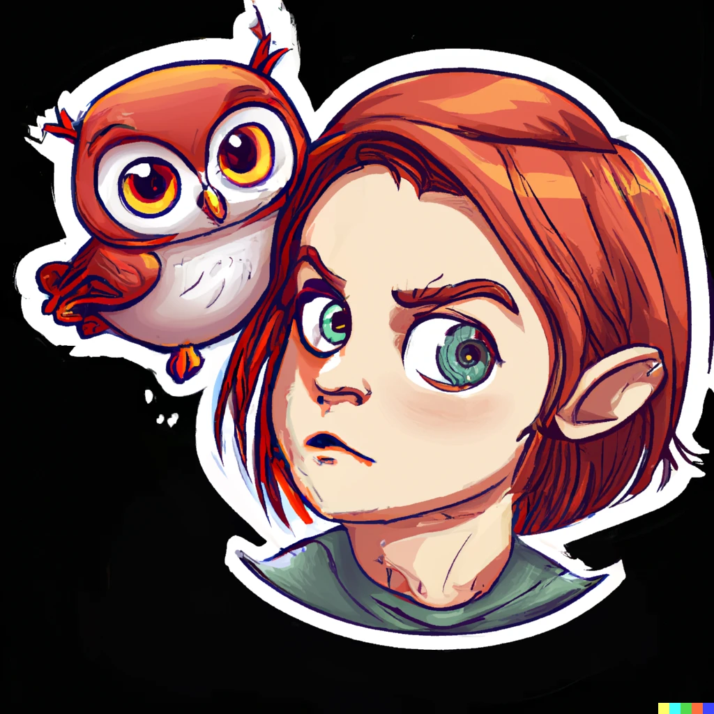 Prompt: tiny owl and red short haired girl sticker illustration