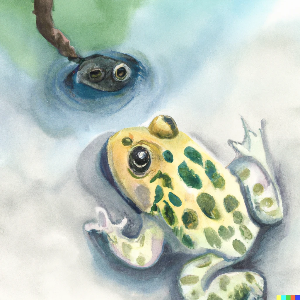 Prompt: A rainfrog spying on a tadpole, watercolor