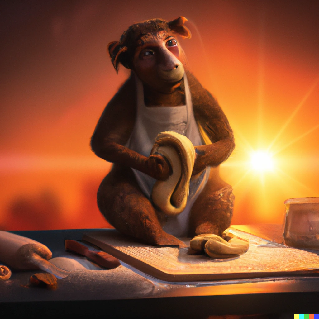 Prompt: A sloth, who is a baker, rolling croissants at sunrise, photograph