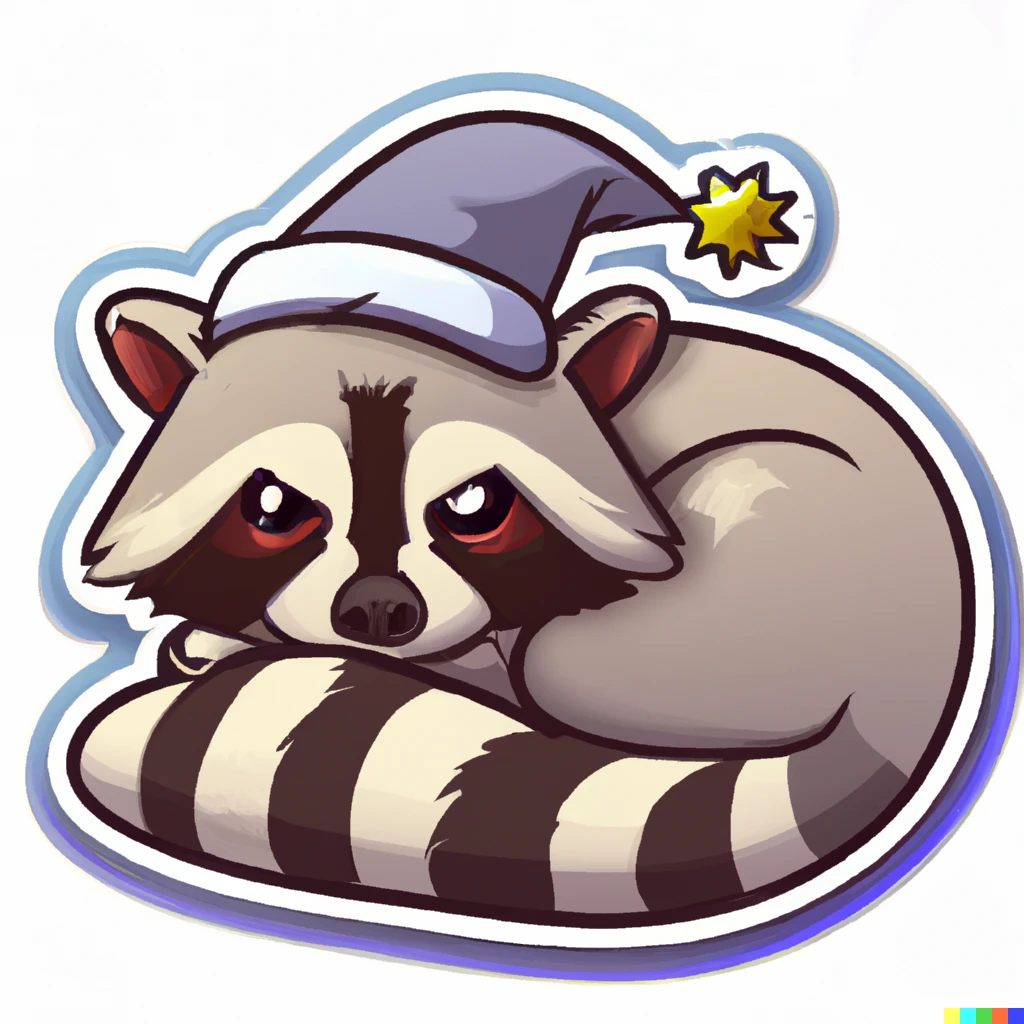 Prompt: Raccoon asleep wearing a nightcap sticker illustration