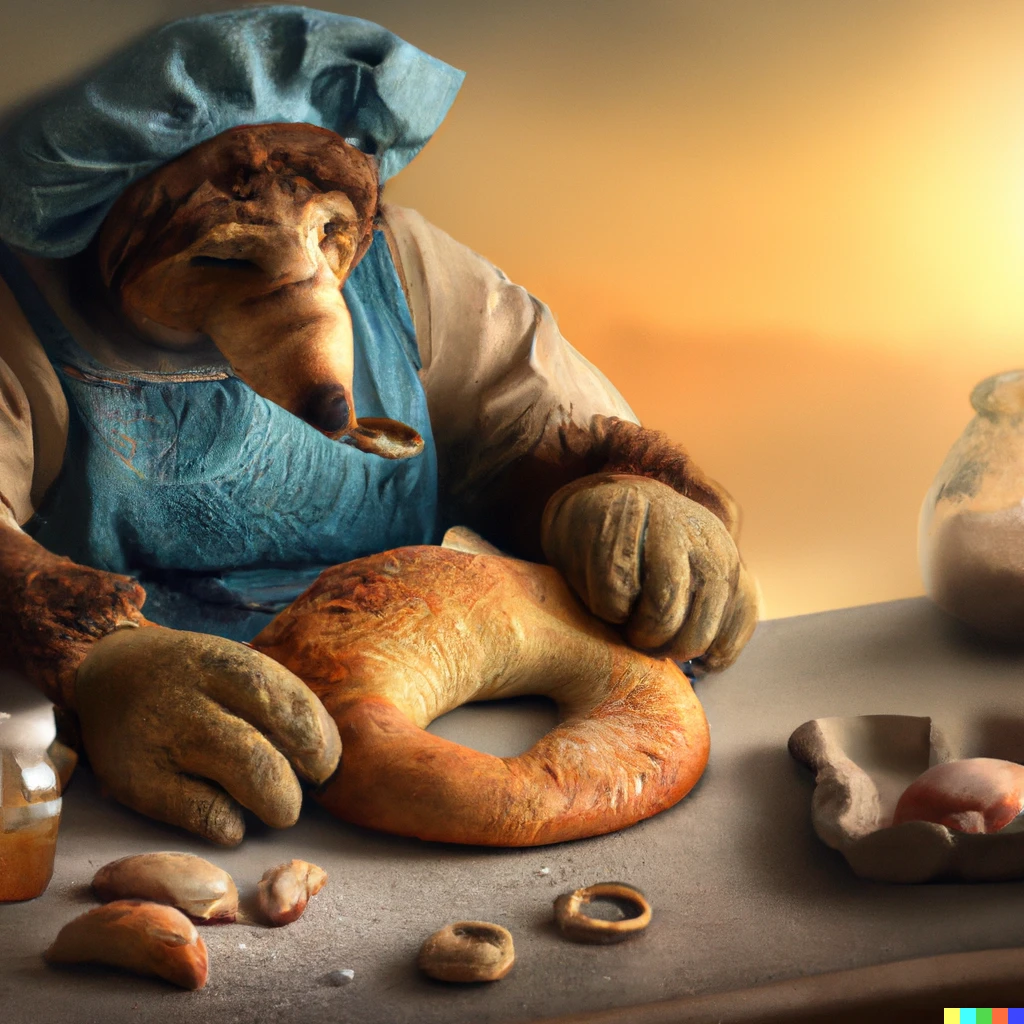 Prompt: A sloth, dressed like a baker, making croissants at sunrise, photorealistic photograph, very detailed, high quality