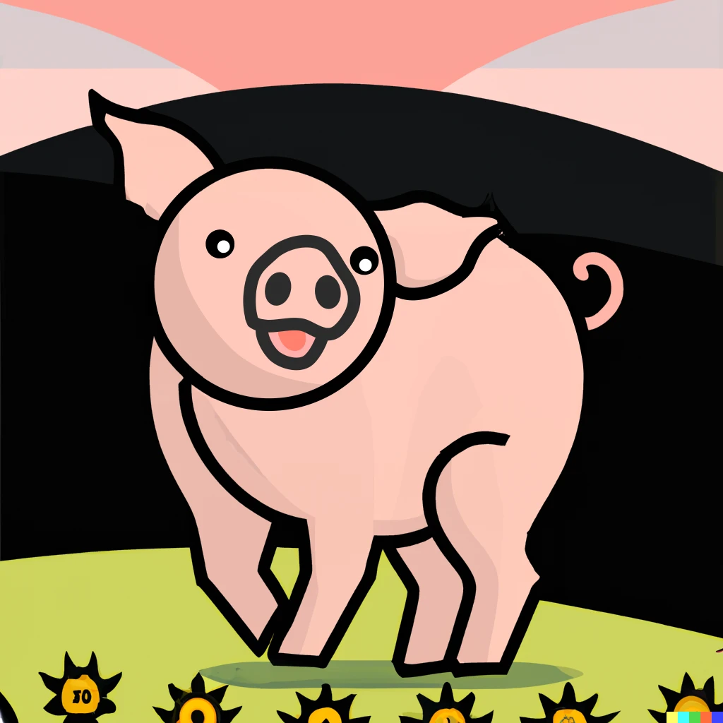 Prompt: a drawing of a pig in a field of flowers, sunset