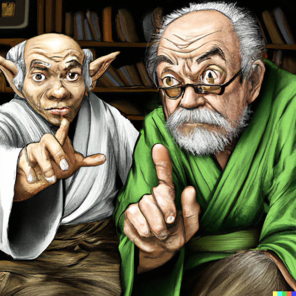 Prompt: Yoda teaches Mr miyagi the power of the force, digital art, detailed