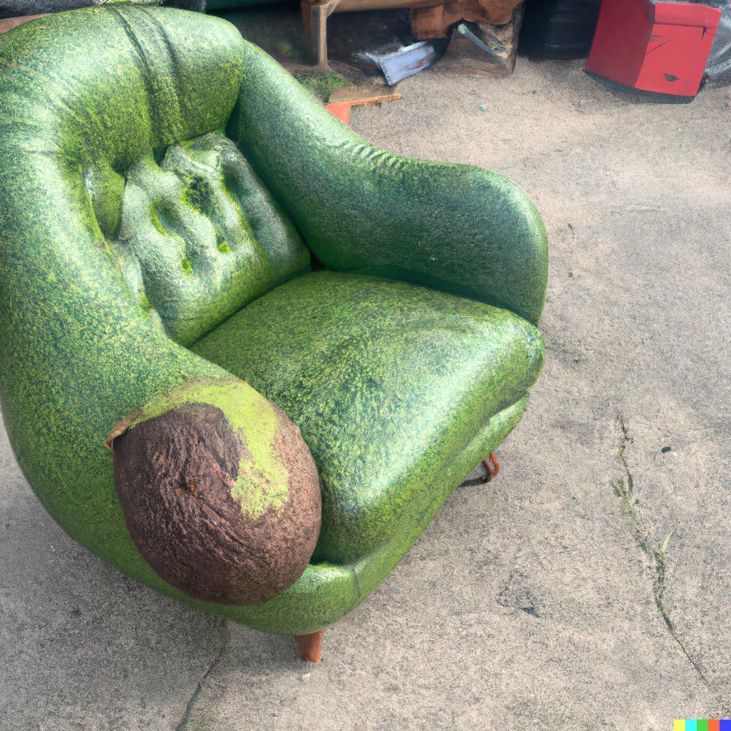 Prompt: Photo from a garage sale. An old armchair that resembles an expired avocado.