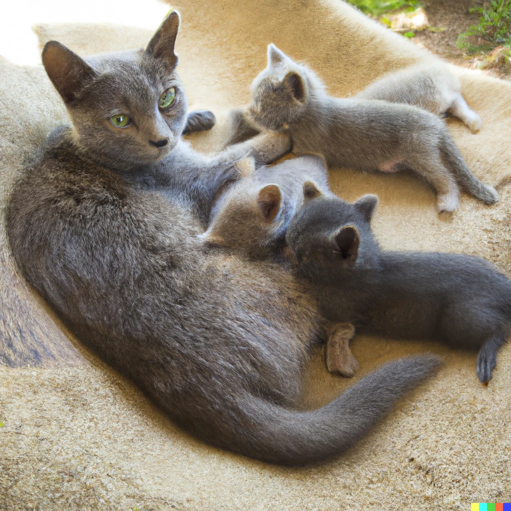 Prompt: Gray mother cat with 3 babies, photograph