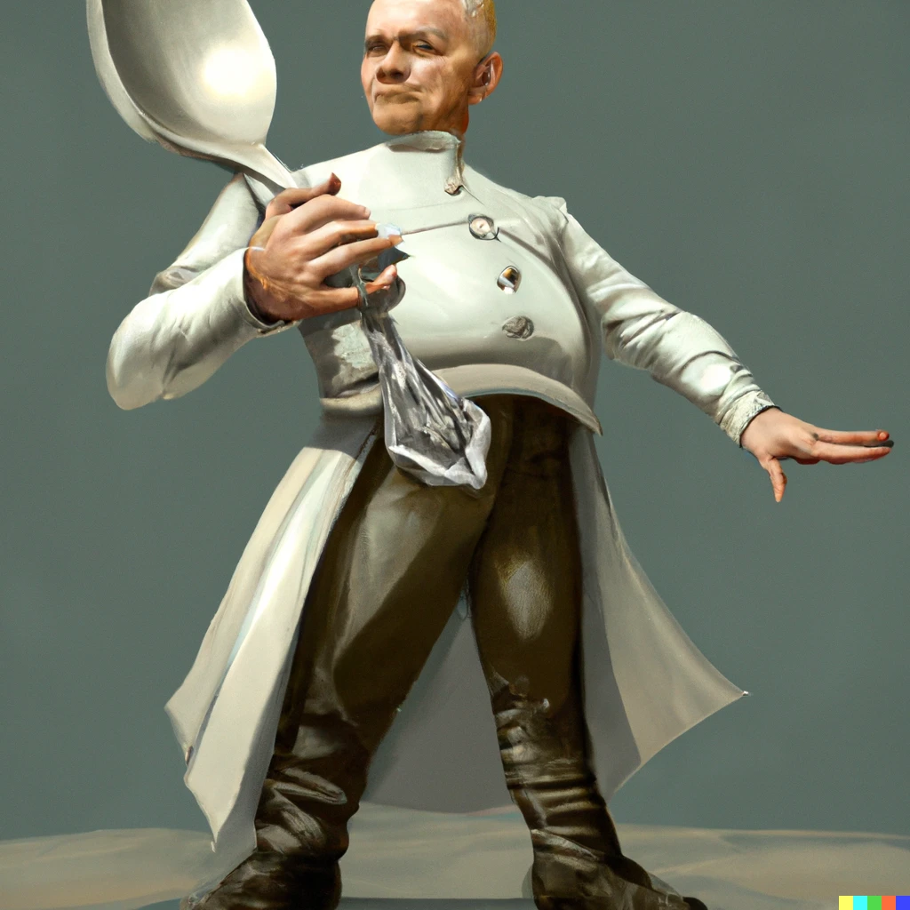 Prompt: man wielding a comically large spoon, digital art