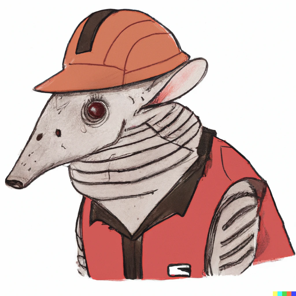 Prompt: An armadillo engineer with a red cap, 1980’s style