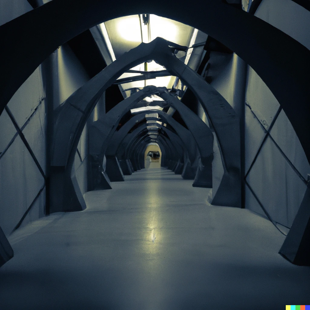 Prompt: "An abandoned hallway in a city from Star Wars, liminal space"